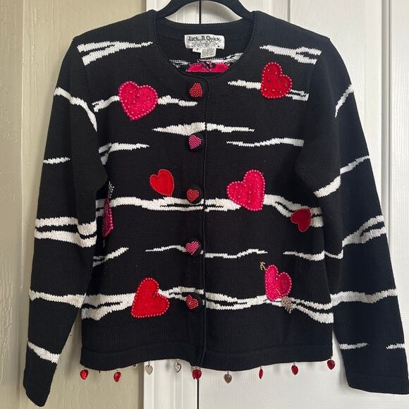 Jack B. Quick Valentine Heart Cardigan Sweater Embellished Knit Black White - Picture 1 of 7